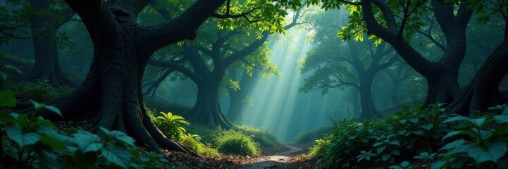 Dark forest foliage with twisted tree branches and exotic leaves in the shadows, dark forest, eerie atmosphere