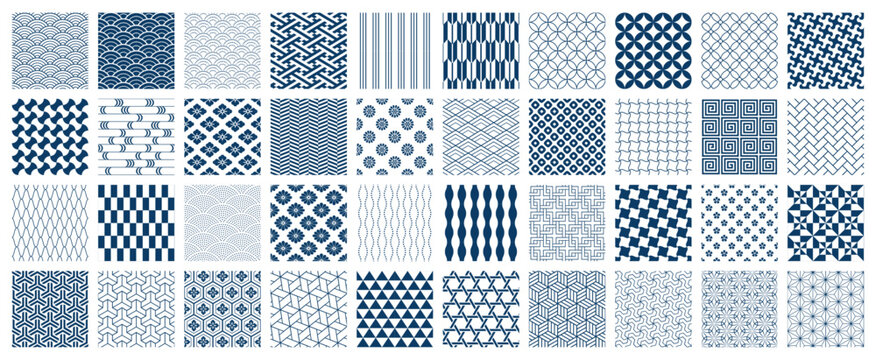 40 blue traditional Japanese patterns, seamless vector backgrounds/日本の和柄模様のセット　青