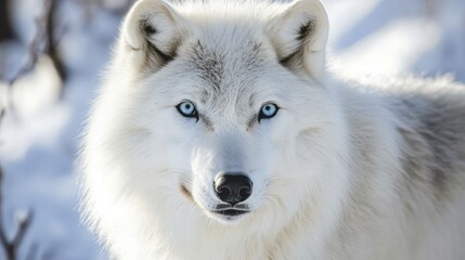 Obraz premium Majestic Arctic Wolf with piercing blue eyes in a snowy landscape