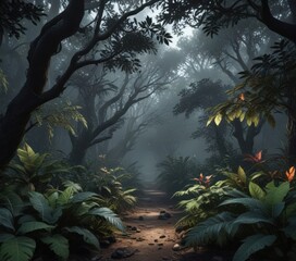 Dark forest with twisted exotic leaves, bushes, leaves, exotic