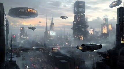 Fototapeta premium Futuristic cityscape at dusk with flying vehicles and towering skyscrapers amidst a misty atmosphere