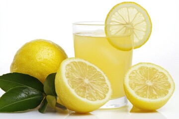 Refreshing Lemon Beverage with Fresh Whole Lemons and Slices on a Bright White Background for Summer Thirst Quenching and Healthy Refreshment Ideas