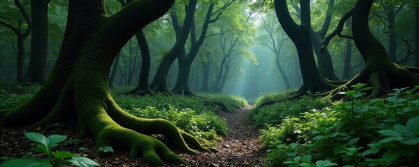 Dark forest with twisted tree trunks and moss-covered bark, nature, earthy