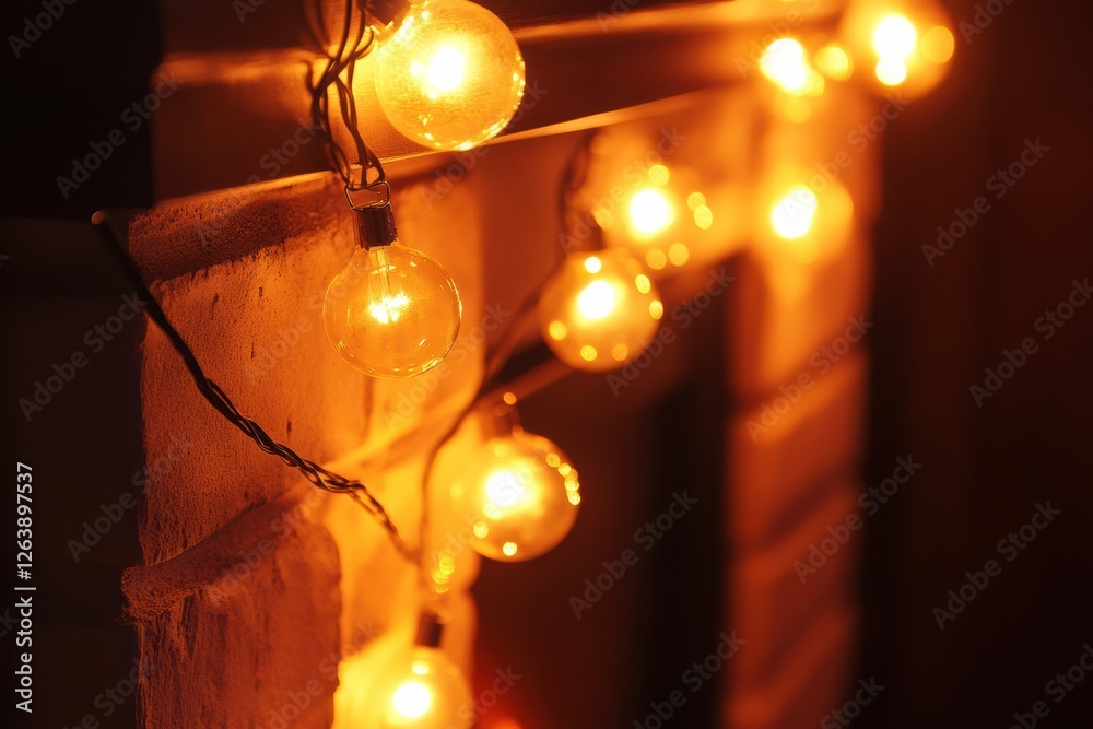 Aufkleber Warm glowing string lights illuminate a cozy corner in a relaxed setting during an evening gathering. Generative AI