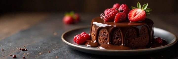 Rich chocolate sauce flows down the sides of a rich cake , juicy, tasty