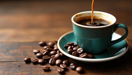 Rich espresso drips into cup on vintage wooden table with scattered coffee beans, vintage, brown, tableware