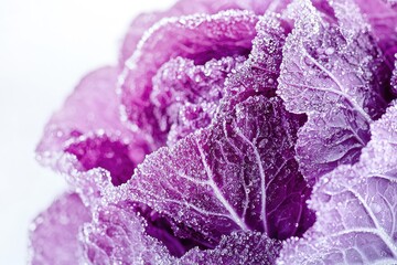 Close-Up of Fresh Purple Cabbage with Dew Drops Highlighting Textures and Colors in Natural Light for Culinary and Nature Themes