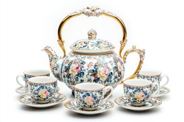 Exquisite vintage porcelain tea set with floral pattern featuring intricate gold detailing, teapot and matching cups arranged elegantly on a white background