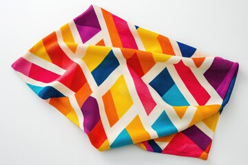 Naklejka premium Colorful Geometric Patterned Fabric Draped on White Surface in Bright and Vibrant Colors Ideal for Home Decor Projects and Fashion Inspiration