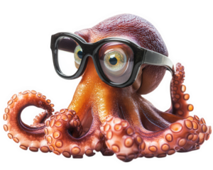 A quirky octopus wearing oversized glasses, showcasing playful and humorous expression. This unique creature captures attention with its vibrant colors and distinctive look