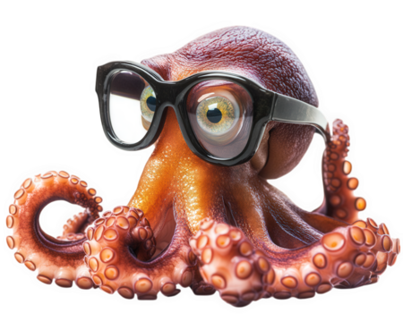 A quirky octopus wearing oversized glasses, showcasing playful and humorous expression. This unique creature captures attention with its vibrant colors and distinctive look