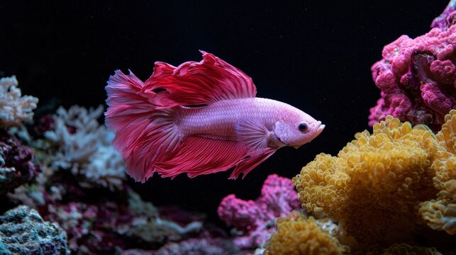Elegant pink betta fish swimming in an aquarium.