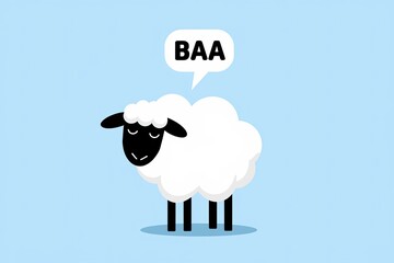 Black Head, Fluffy White Wool, "BAA" Speech Bubble, Light Blue Background, Cartoon Style