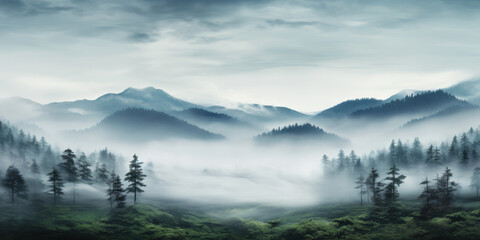 Obraz premium Misty mountains and dense forests create serene landscape, evoking sense of tranquility and mystery. fog envelops hills, enhancing natural beauty