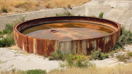 Rusty Circular Tank Surrounded by Dry Grass and Weeds in Landscape