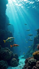 School of fish swimming in deep ocean, underwater, aquatic, ocean