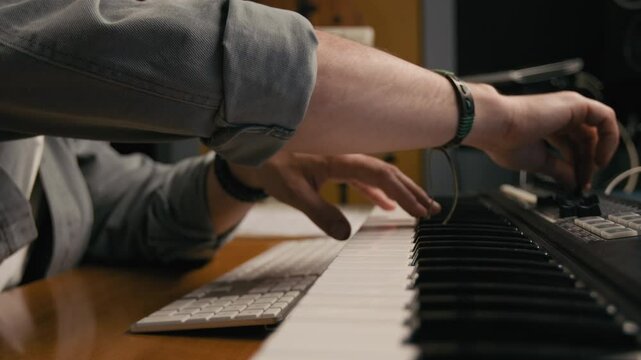 Closeup of hands of unrecognizable male musician in bracelets playing electronic piano and adjusting equalizer and amplifier sound controls, while working on new tracks in studio