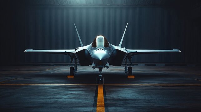 Futuristic stealth fighter jet in a dimly lit hangar with dramatic lighting