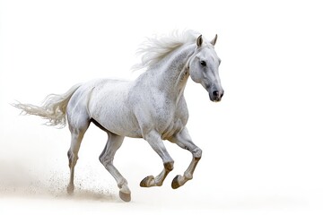 Fototapeta premium Majestic white horse galloping swiftly across the soft ground, showcasing grace and beauty in an elegant motion against a bright background