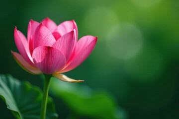 Fototapeta premium Delicate pink petals unfolding from a lush green stem, garden decor, blooming flowers, pink peony flower