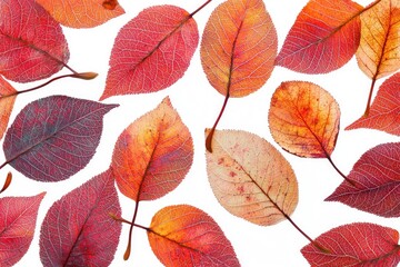 Obraz premium Vibrant Autumn Leaves on White Background Displaying Vivid Colors of Nature and Seasonal Change in the Heart of Fall