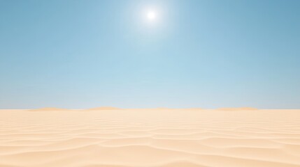 Vast desert landscape under a clear blue sky with distant dunes and bright sun, serene atmosphere