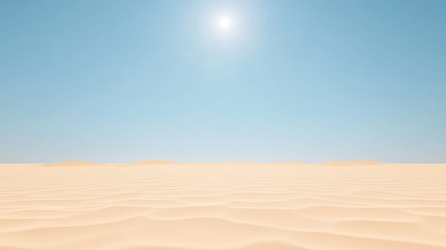 Vast desert landscape under a clear blue sky with distant dunes and bright sun, serene atmosphere
