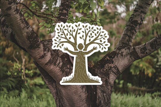 Illustrated Human-Tree Sticker on a Tree Trunk, Nature Background, Symbol of Growth, Warm Tones, Rustic Aesthetic, Ecology Concept