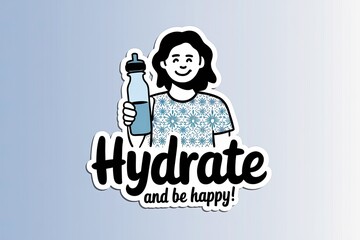 Whimsical Illustration of Woman with Water Bottle and "Hydrate" Message on Light Blue, Positive, Sticker Style, Black & White with Light Blue Accents