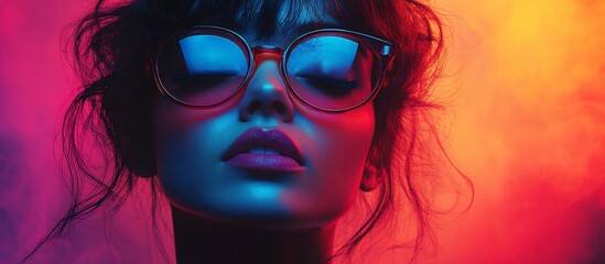 Obraz premium A woman with stylish sunglasses poses dramatically against a vibrant, colorful backdrop