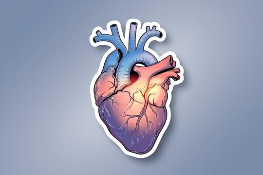 Stylized Anatomical Heart Illustration, Vibrant Pink-Blue Gradients, White Border, Isolated on Light Grey Background, Medical Cartoon Design, Realistic Vein Details