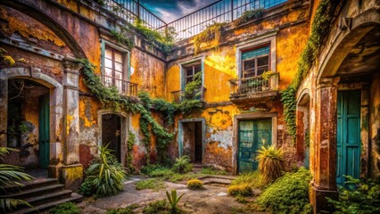 Fototapeta premium Urban decay photography captures the haunting allure of abandoned buildings in Ojo de Agua, Mexico City.