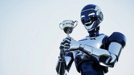 A humanoid AI agent robot holding a trophy symbolizing autonomy and agentic success as a winner in business using automation for futuristic efficiency in the workforce
