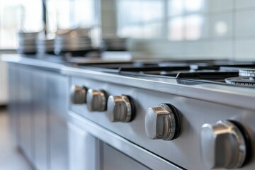 Shiny silver stove with four knobs and a black handle, professional equipment concept