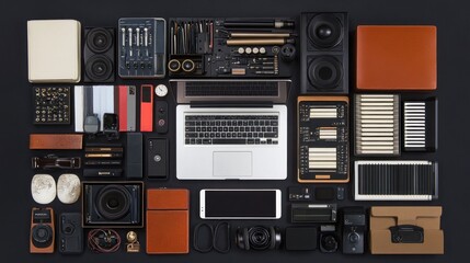 A curated collection of modern music production and photography equipment.