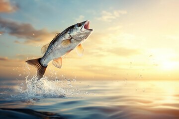 Largemouth bass leaping at sunset over water