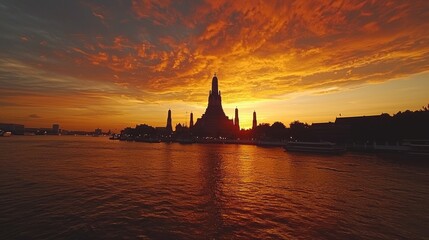 Obraz premium Temple Silhouette at Sunset Over Water