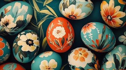 Hand-painted Floral Easter Eggs on Teal Background AI Generated
