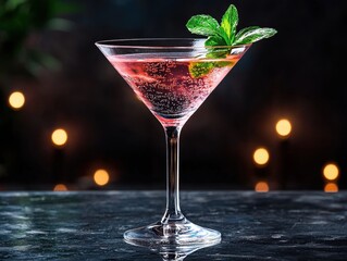 Elegant pink cocktail with mint garnish on a dark background.