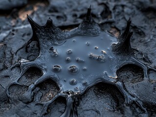 Close up of crude oil spill on the ground.