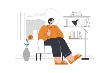 Fototapeta premium Person Relaxing in Armchair with Pointing Gesture, Orange Shirt, Bookshelf, and Minimalist Style, Window, Thinking