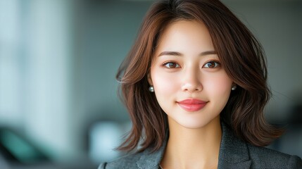 Fototapeta premium Confident and Friendly Asian Saleswoman Smiling While Presenting Car Keys to a Customer at an Automotive Dealership or Showroom