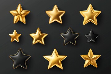 Fototapeta premium Collection of Golden and Black Star Icons on Dark Background for Design, Decoration, or Rating Systems with 3D Appearance and Shiny Finish