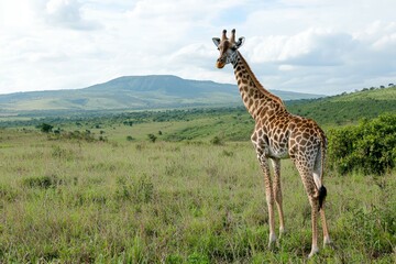 Obraz premium Graceful giraffe in african savannah landscape with lush greenery and rolling hills