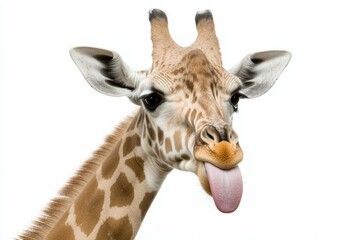 Obraz premium Playful giraffe sticking tongue out against white background