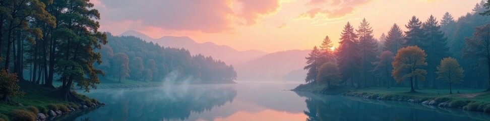 Fototapeta premium Dreamy haze settles over a serene forest, long shot, dreamy, focal