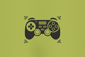 Flat Graphic of a Black Video Game Controller on Olive Green Background with Abstract Black Accents, Modern Minimalist Design