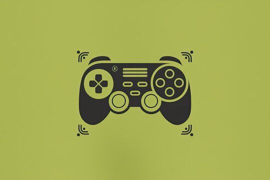 Flat Graphic of a Black Video Game Controller on Olive Green Background with Abstract Black Accents, Modern Minimalist Design