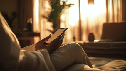 Muslim woman using mobile phone during Ramadan at home. Concept of spirituality, technology in daily life, cultural traditions. Copy space