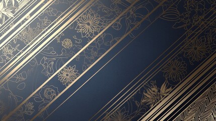Diagonal gold floral stripes on dark blue gradient background